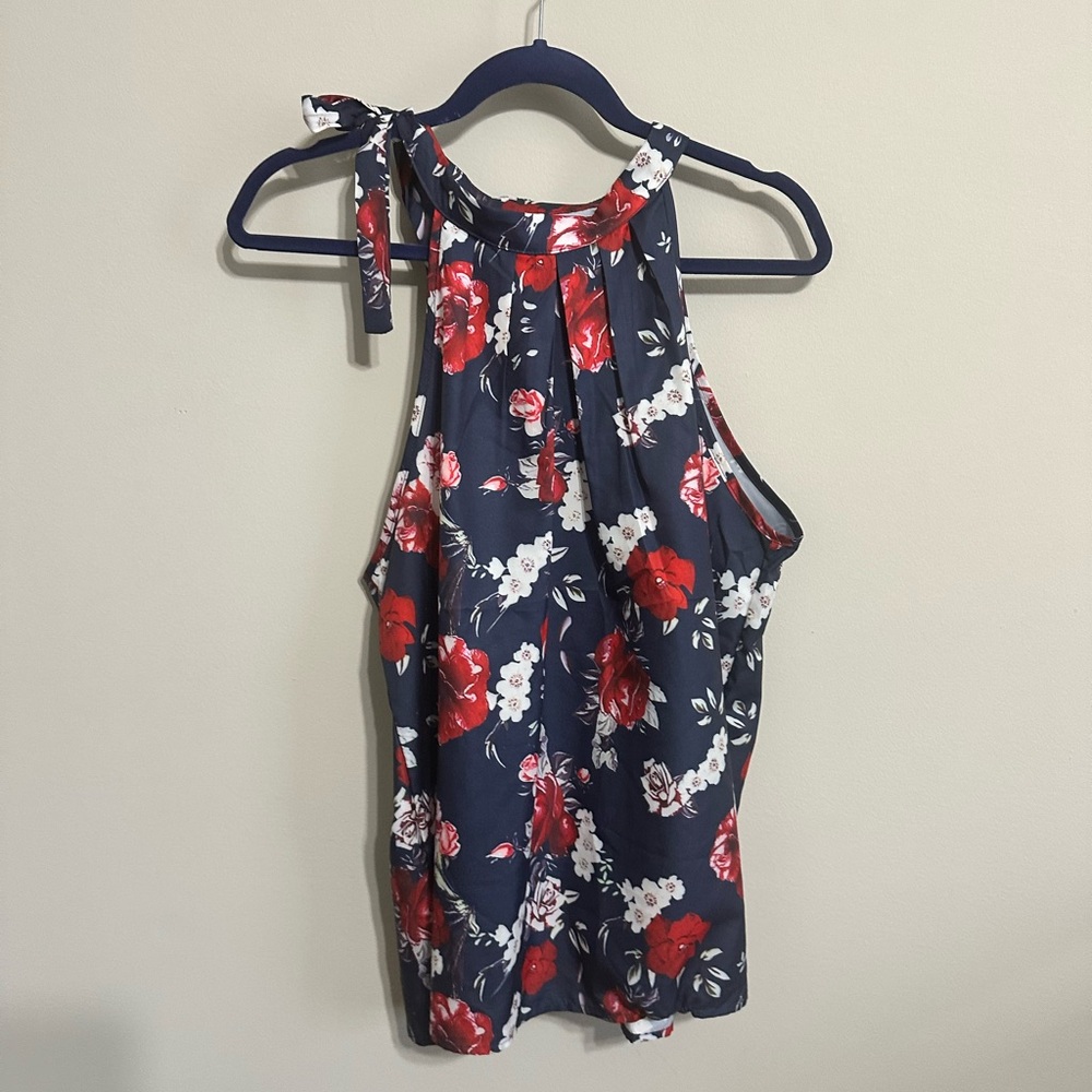 Floral Halter Neck Top - Navy and Red